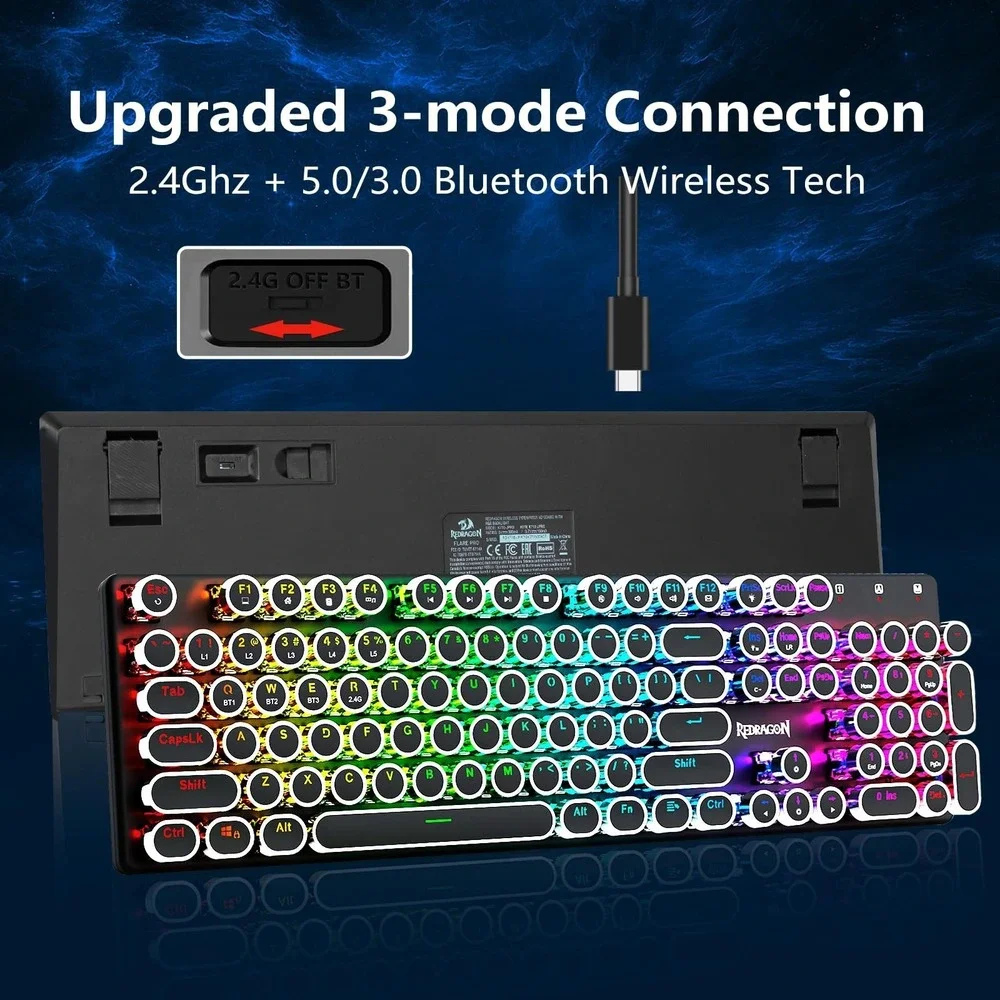 Redragon Flare Pro Wireless Mechanical Gaming Keyboard RGB Backlit Blue Switch